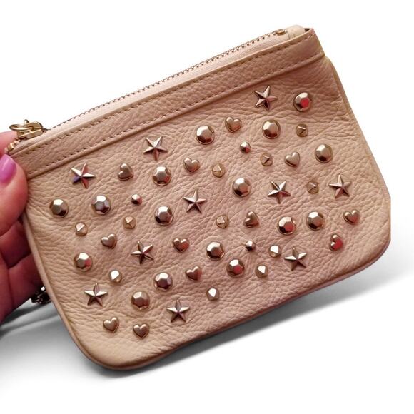 BETSEY JOHNSON Zip Top Leather Studded Wristlet Clutch Stars Hearts Auto Graph - Picture 5 of 7